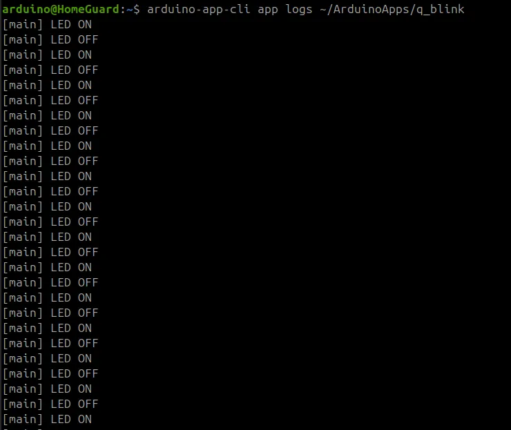 App logs showing LED ON/OFF