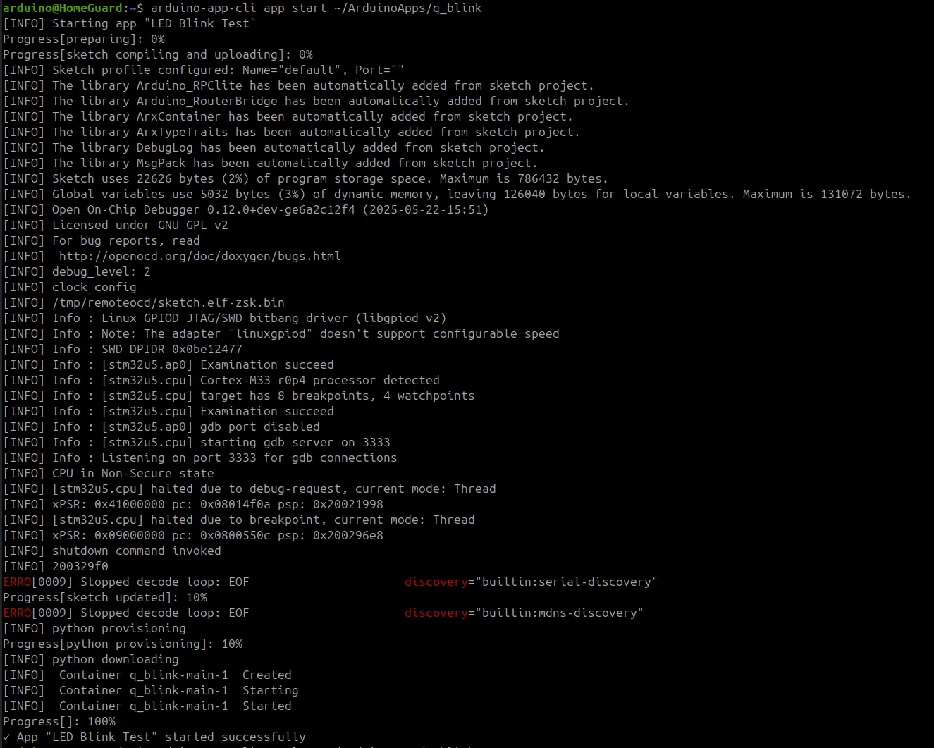 App start — compile, flash, and container launch