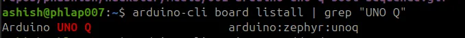 Board listall output confirming UNO Q